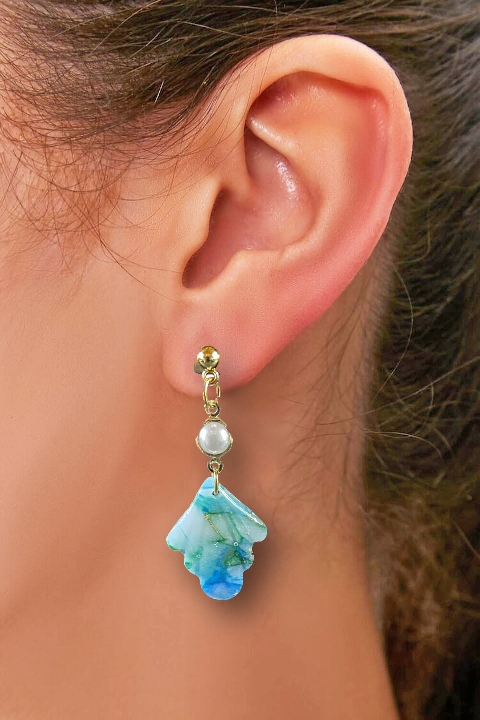 Blue Green Marble Dangle Earrings with Pearl Accent