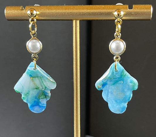 Blue Green Marble Dangle Earrings with Pearl Accent